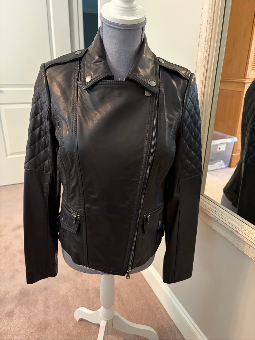 ANTONIO MELANI Black Quilted Sleeve Leather Moto Jacket